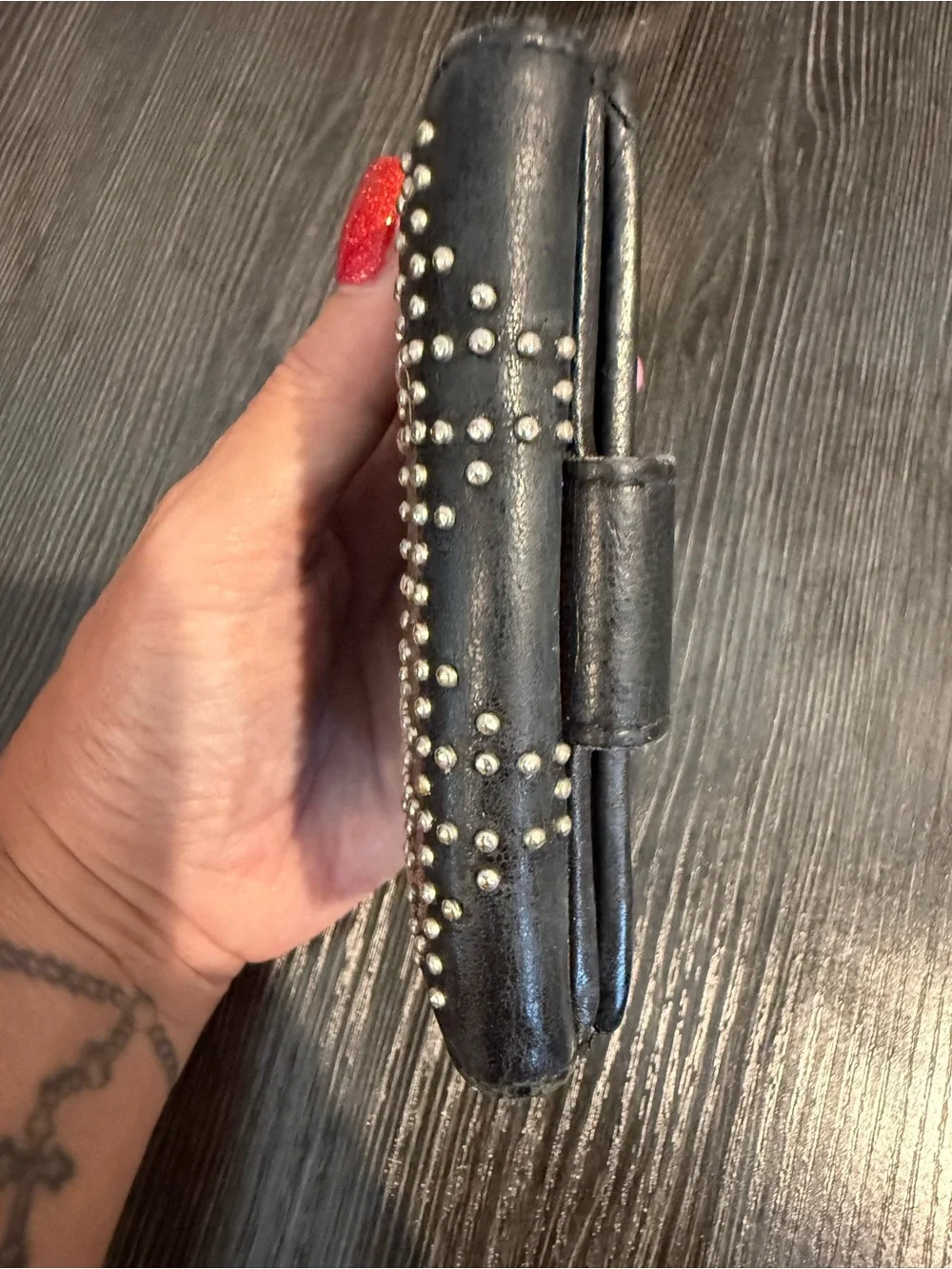 Christian Dior, black leather, studded, compact wallet.